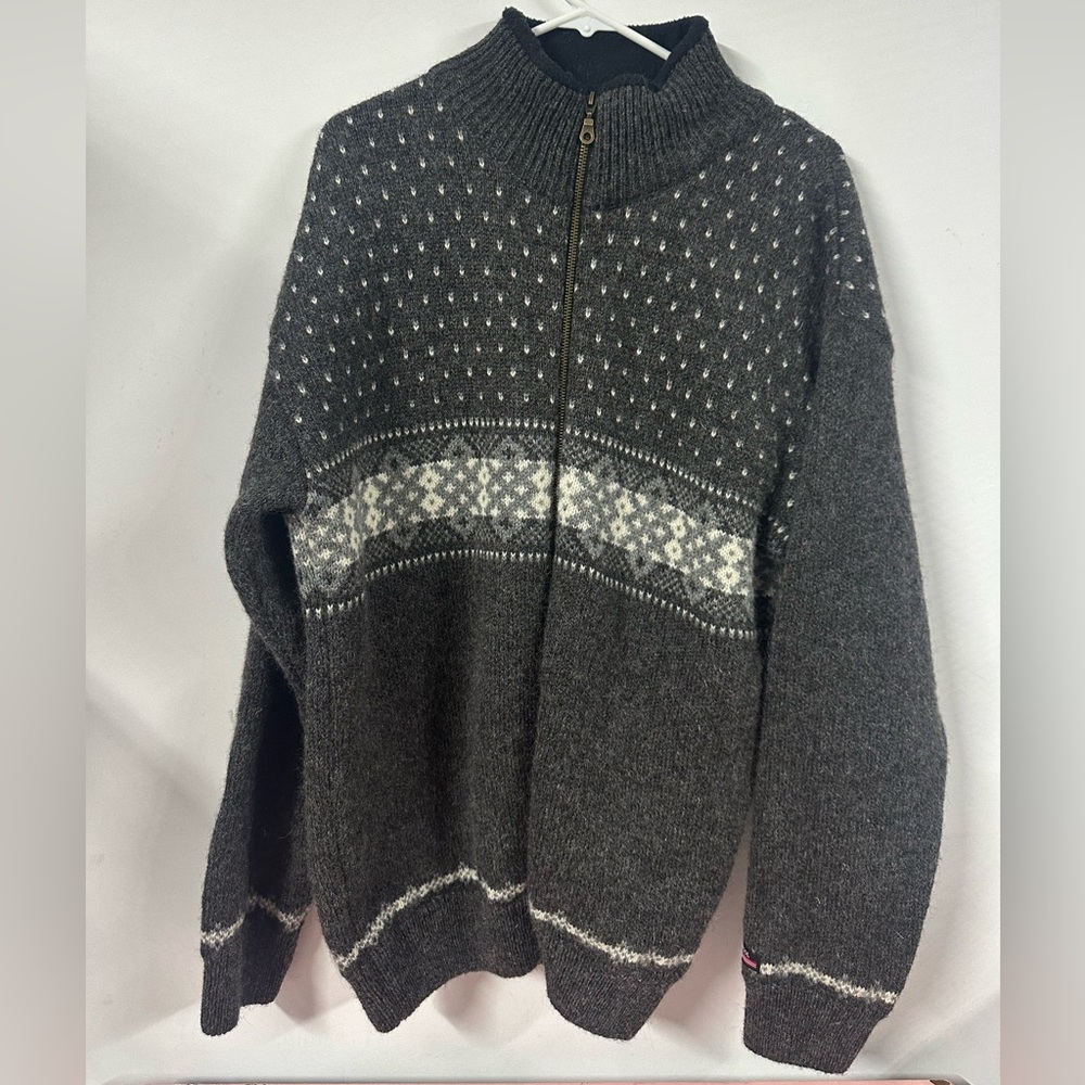 Norwool of Norway Pure Wool Sweater Men's L Grey Black Nordic Jacket Full Zip